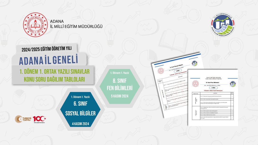 ADANA İL GENELİNDE 6 VE 8. SINIFLAR İÇİN YAPILACAK ORTAK SINAVLARA YÖNELİK KONU SORU DAĞILIM TABLOLARI